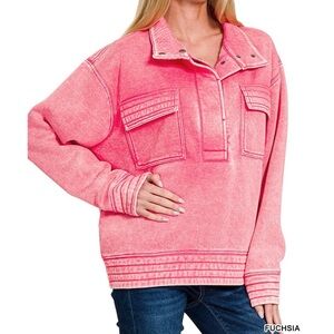 NWT Ladies Fucshia Pink Acid Wash Half Snap Button Front Fleece Sweatshirt